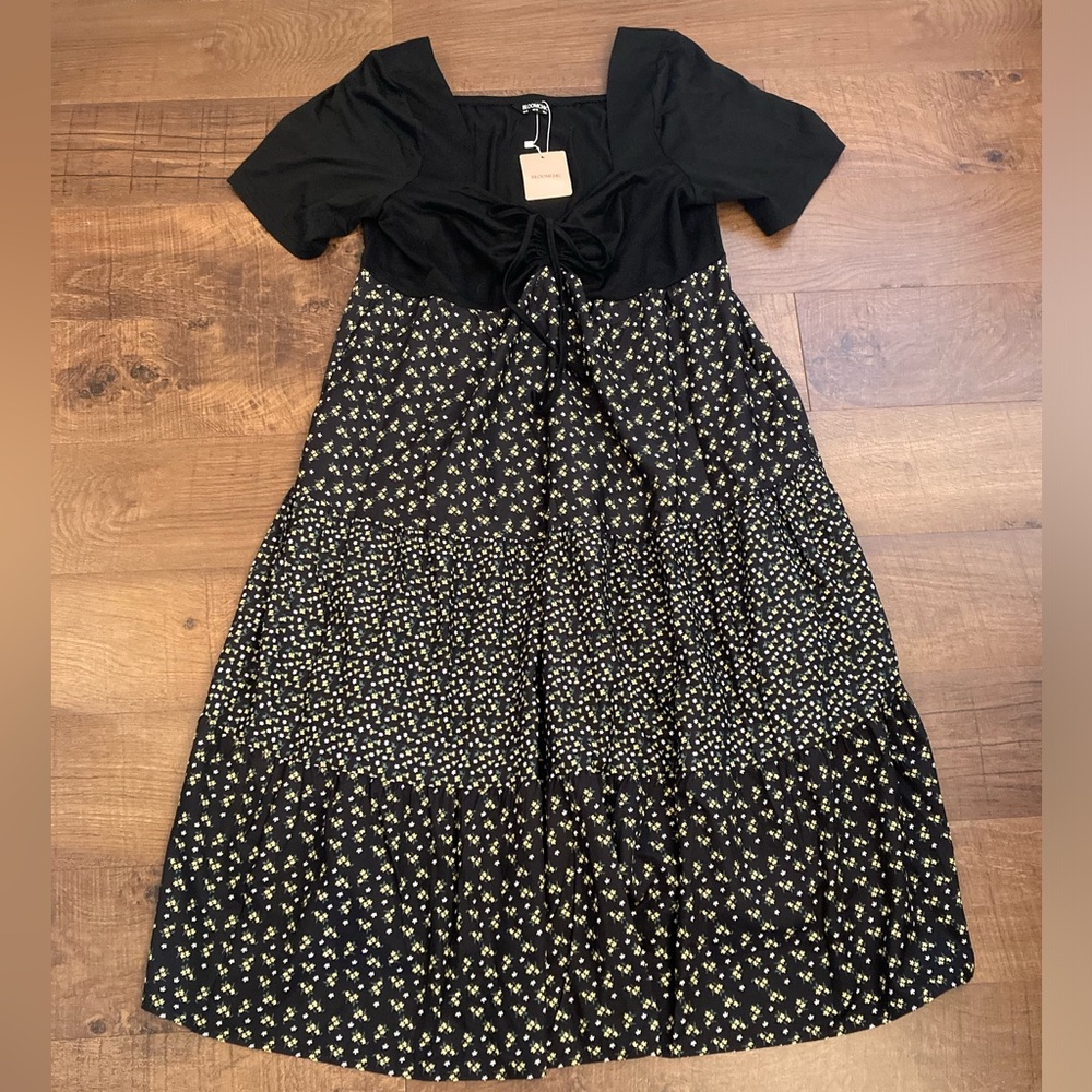 BloomChic NWT Black Yellow Floral Tiered Maxi Dress Flowy Women’s 12